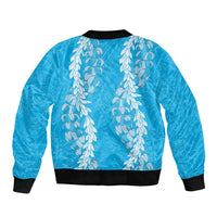 Puakenikeni and Maile Lei Sleeve Zip Bomber Jacket Blue Double Strand Lei