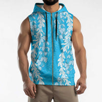 Puakenikeni and Maile Lei Sleeveless Zip Hoodie Blue Double Strand Lei - Polynesian Pride
