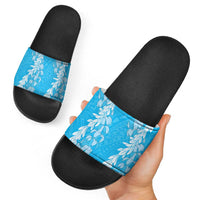 Puakenikeni and Maile Lei Slide Sandals Blue Double Strand Lei - Polynesian Pride