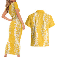 Puakenikeni and Maile Lei Couples Matching Short Sleeve Bodycon Dress and Hawaiian Shirt Gold Double Strand Lei
