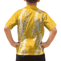 Puakenikeni and Maile Lei Family Matching Off Shoulder Short Dress and Hawaiian Shirt Gold Double Strand Lei