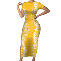 Puakenikeni and Maile Lei Family Matching Short Sleeve Bodycon Dress and Hawaiian Shirt Gold Double Strand Lei