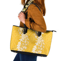 Puakenikeni and Maile Lei Leather Tote Bag Gold Double Strand Lei
