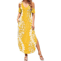 Puakenikeni and Maile Lei Summer Maxi Dress Gold Double Strand Lei