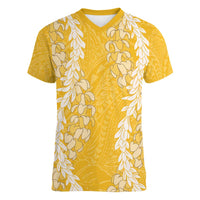 Puakenikeni and Maile Lei Women V-Neck T-Shirt Gold Double Strand Lei LT9 Female Gold - Polynesian Pride