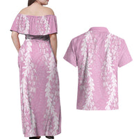 Puakenikeni and Maile Lei Couples Matching Off Shoulder Maxi Dress and Hawaiian Shirt Pink Double Strand Lei