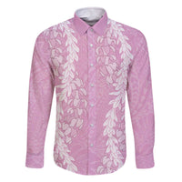 Puakenikeni and Maile Lei Family Matching Off The Shoulder Long Sleeve Dress and Hawaiian Shirt Pink Double Strand Lei