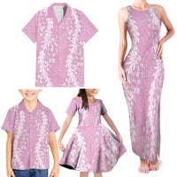 Puakenikeni and Maile Lei Family Matching Tank Maxi Dress and Hawaiian Shirt Pink Double Strand Lei