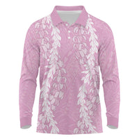 Puakenikeni and Maile Lei Long Sleeve Polo Shirt Pink Double Strand Lei LT9 Pink - Polynesian Pride