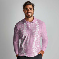 Puakenikeni and Maile Lei Long Sleeve Polo Shirt Pink Double Strand Lei LT9 - Polynesian Pride