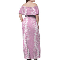 Puakenikeni and Maile Lei Off Shoulder Maxi Dress Pink Double Strand Lei LT9 - Polynesian Pride