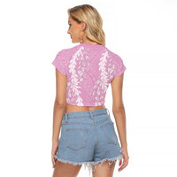 Puakenikeni and Maile Lei Raglan Cropped T Shirt Pink Double Strand Lei LT9 - Polynesian Pride