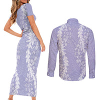 Puakenikeni and Maile Lei Couples Matching Short Sleeve Bodycon Dress and Long Sleeve Button Shirt Purple Double Strand Lei
