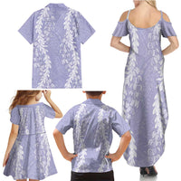 Puakenikeni and Maile Lei Family Matching Summer Maxi Dress and Hawaiian Shirt Purple Double Strand Lei