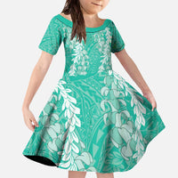 Puakenikeni and Maile Lei Family Matching Off The Shoulder Long Sleeve Dress and Hawaiian Shirt Sage Green Double Strand Lei