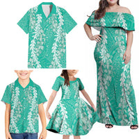 Puakenikeni and Maile Lei Family Matching Off Shoulder Maxi Dress and Hawaiian Shirt Sage Green Double Strand Lei