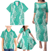 Puakenikeni and Maile Lei Family Matching Puletasi and Hawaiian Shirt Sage Green Double Strand Lei