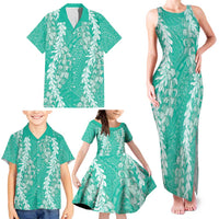 Puakenikeni and Maile Lei Family Matching Tank Maxi Dress and Hawaiian Shirt Sage Green Double Strand Lei