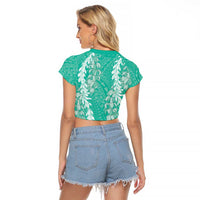 Puakenikeni and Maile Lei Raglan Cropped T Shirt Sage Green Double Strand Lei LT9 - Polynesian Pride