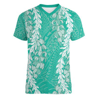 Puakenikeni and Maile Lei Women V-Neck T-Shirt Sage Green Double Strand Lei LT9 Female Sage Green - Polynesian Pride