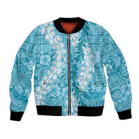 Blue Puakenikeni and Maile Lei Bomber Jacket Hawaiian Style Tribal Tapa Double Strand Lei