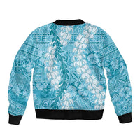 Blue Puakenikeni and Maile Lei Bomber Jacket Hawaiian Style Tribal Tapa Double Strand Lei