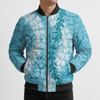 Blue Puakenikeni and Maile Lei Bomber Puffer Jacket Hawaiian Style Tribal Tapa Double Strand Lei - Polynesian Pride