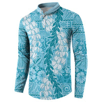 Blue Puakenikeni and Maile Lei Button Sweatshirt Hawaiian Style Tribal Tapa Double Strand Lei