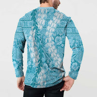 Blue Puakenikeni and Maile Lei Button Sweatshirt Hawaiian Style Tribal Tapa Double Strand Lei