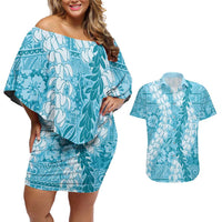 Blue Puakenikeni and Maile Lei Couples Matching Off Shoulder Short Dress and Hawaiian Shirt Hawaiian Style Tribal Tapa Double Strand Lei