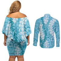 Blue Puakenikeni and Maile Lei Couples Matching Off Shoulder Short Dress and Long Sleeve Button Shirt Hawaiian Style Tribal Tapa Double Strand Lei
