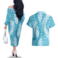 Blue Puakenikeni and Maile Lei Couples Matching Off The Shoulder Long Sleeve Dress and Hawaiian Shirt Hawaiian Style Tribal Tapa Double Strand Lei