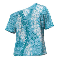 Blue Puakenikeni and Maile Lei Cross Shoulder Shirt Hawaiian Style Tribal Tapa Double Strand Lei - Polynesian Pride