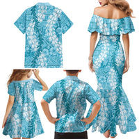 Blue Puakenikeni and Maile Lei Family Matching Mermaid Dress and Hawaiian Shirt Hawaiian Style Tribal Tapa Double Strand Lei