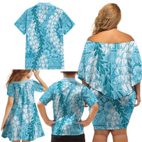 Blue Puakenikeni and Maile Lei Family Matching Off Shoulder Short Dress and Hawaiian Shirt Hawaiian Style Tribal Tapa Double Strand Lei
