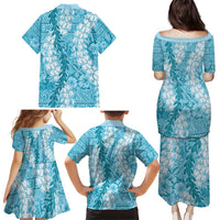 Blue Puakenikeni and Maile Lei Family Matching Puletasi and Hawaiian Shirt Hawaiian Style Tribal Tapa Double Strand Lei