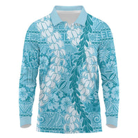 Blue Puakenikeni and Maile Lei Long Sleeve Polo Shirt Hawaiian Style Tribal Tapa Double Strand Lei