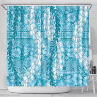 Blue Puakenikeni and Maile Lei Shower Curtain Hawaiian Style Tribal Tapa Double Strand Lei