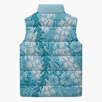 Blue Puakenikeni and Maile Lei Sleeveless Puffer Jacket Hawaiian Style Tribal Tapa Double Strand Lei - Polynesian Pride