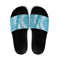 Blue Puakenikeni and Maile Lei Slide Sandals Hawaiian Style Tribal Tapa Double Strand Lei LT9 Blue - Polynesian Pride