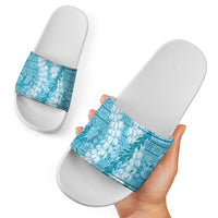 Blue Puakenikeni and Maile Lei Slide Sandals Hawaiian Style Tribal Tapa Double Strand Lei LT9 - Polynesian Pride