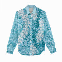 Blue Puakenikeni and Maile Lei Women Casual Shirt Hawaiian Style Tribal Tapa Double Strand Lei