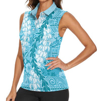 Blue Puakenikeni and Maile Lei Women Sleeveless Polo Shirt Hawaiian Style Tribal Tapa Double Strand Lei