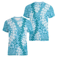 Blue Puakenikeni and Maile Lei Women V-Neck T-Shirt Hawaiian Style Tribal Tapa Double Strand Lei