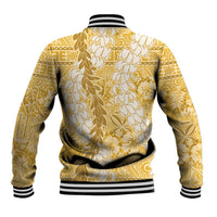 Gold Puakenikeni and Maile Lei Baseball Jacket Hawaiian Style Tribal Tapa Double Strand Lei
