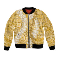 Gold Puakenikeni and Maile Lei Bomber Jacket Hawaiian Style Tribal Tapa Double Strand Lei