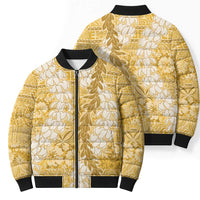 Gold Puakenikeni and Maile Lei Bomber Puffer Jacket Hawaiian Style Tribal Tapa Double Strand Lei - Polynesian Pride