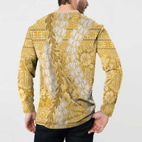 Gold Puakenikeni and Maile Lei Button Sweatshirt Hawaiian Style Tribal Tapa Double Strand Lei