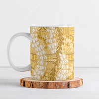 Gold Puakenikeni and Maile Lei Ceramic Mug Hawaiian Style Tribal Tapa Double Strand Lei - Polynesian Pride