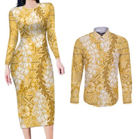 Gold Puakenikeni and Maile Lei Couples Matching Long Sleeve Bodycon Dress and Long Sleeve Button Shirt Hawaiian Style Tribal Tapa Double Strand Lei